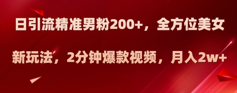 日引流精准男粉200+，全方位美女新玩法，2分钟爆款视频，月入2w+【揭秘】-韬哥副业项目资源网