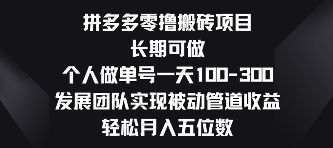 拼多多零撸搬砖项目，长期可做，个人做单号一天一两张，发展团队实现被动管道收益-韬哥副业项目资源网