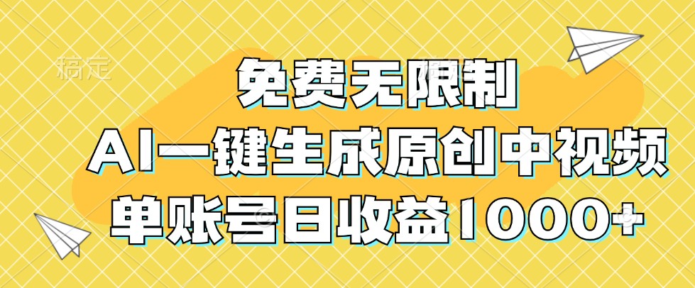 免费无限制，AI一键生成原创中视频，单账号日收益1000+-韬哥副业项目资源网