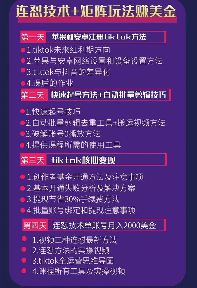 （1708期）tiktok变现四天实战班：连怼技术+矩阵玩法赚,单账号月入2000美金(实操视频)-韬哥副业项目资源网